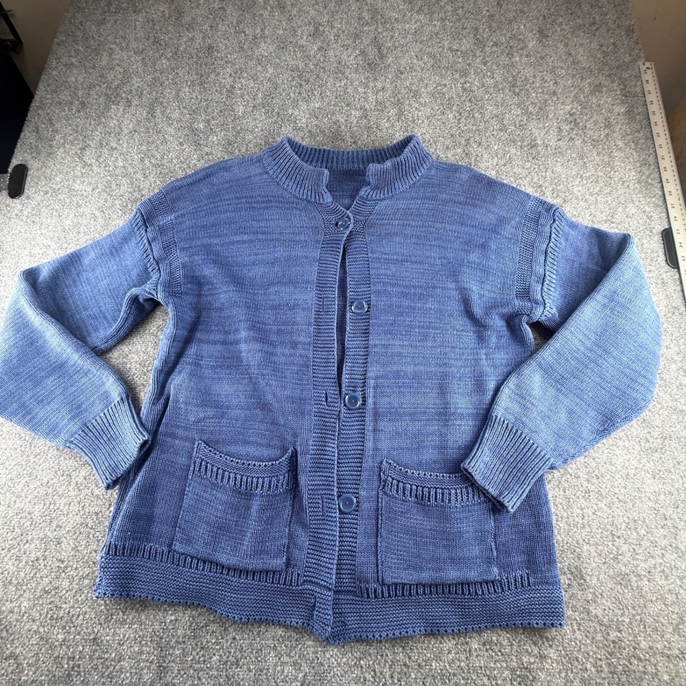 Winterthur Museum Blue Cotton Knit Button Cardigan Sweater L Mock Neck Pockets